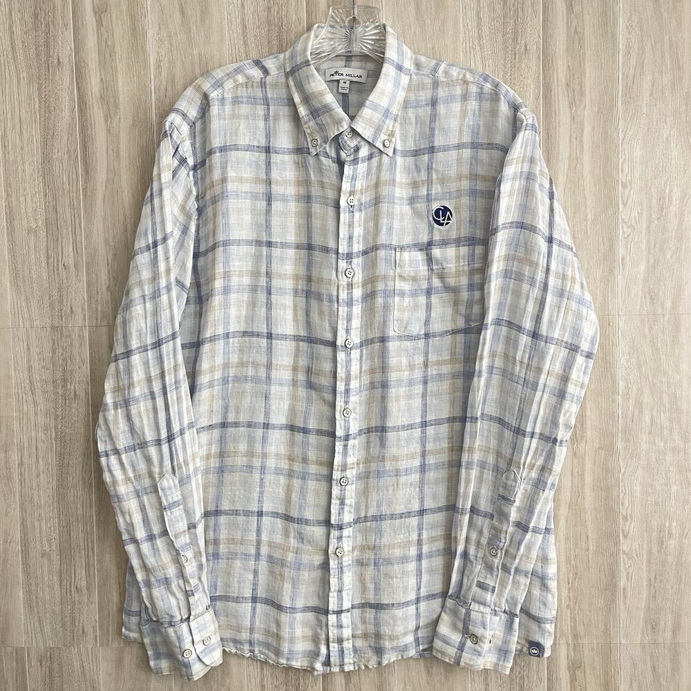 Peter Millar Coronado Linen Sport Shirt Mens Sz M Plaid Embroidered Logo Light